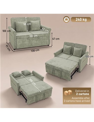 HOMCOM 2 Seater Sofa Bed 3-in-1 Convertible Chenille Pull Out Sleeper Sofa with 5-Position Adjustable Backrest, Light Green