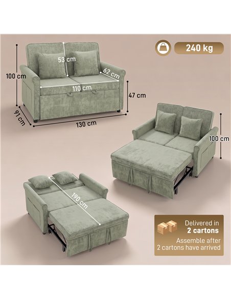 HOMCOM 2 Seater Sofa Bed 3-in-1 Convertible Chenille Pull Out Sleeper Sofa with 5-Position Adjustable Backrest, Light Green - pic 208127 | FastDaddyshop