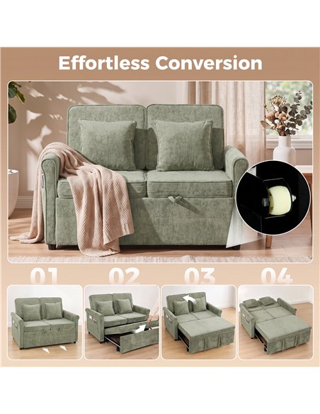 HOMCOM 2 Seater Sofa Bed 3-in-1 Convertible Chenille Pull Out Sleeper Sofa with 5-Position Adjustable Backrest, Light Green - pic 208128 | FastDaddyshop