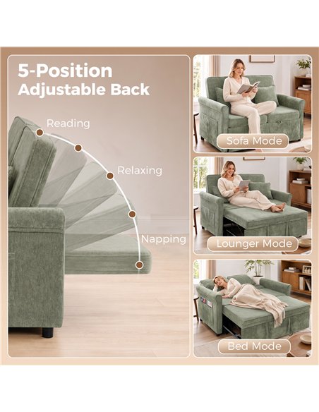 HOMCOM 2 Seater Sofa Bed 3-in-1 Convertible Chenille Pull Out Sleeper Sofa with 5-Position Adjustable Backrest, Light Green - pic 208129 | FastDaddyshop
