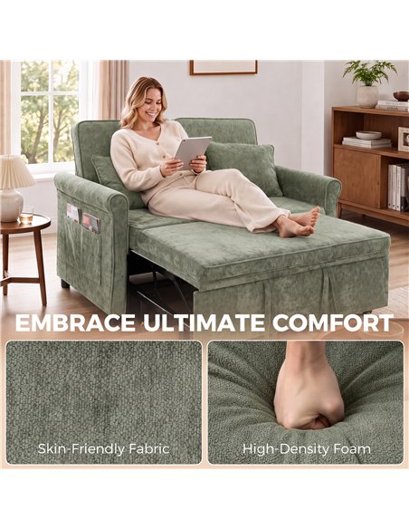 HOMCOM 2 Seater Sofa Bed 3-in-1 Convertible Chenille Pull Out Sleeper Sofa with 5-Position Adjustable Backrest, Light Green - pic 208130 | FastDaddyshop