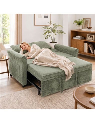 HOMCOM 2 Seater Sofa Bed 3-in-1 Convertible Chenille Pull Out Sleeper Sofa with 5-Position Adjustable Backrest, Light Green