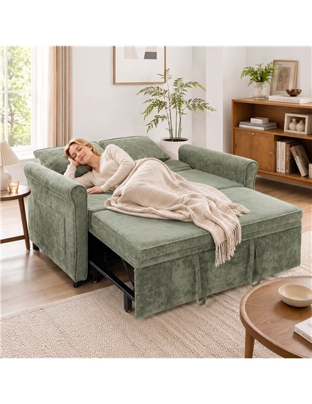 HOMCOM 2 Seater Sofa Bed 3-in-1 Convertible Chenille Pull Out Sleeper Sofa with 5-Position Adjustable Backrest, Light Green - pic 208132 | FastDaddyshop
