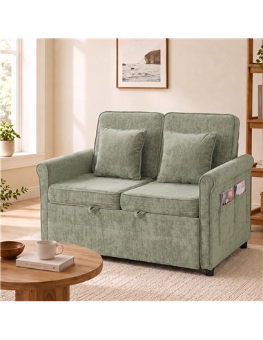 HOMCOM 2 Seater Sofa Bed 3-in-1 Convertible Chenille Pull Out Sleeper Sofa with 5-Position Adjustable Backrest, Light Green