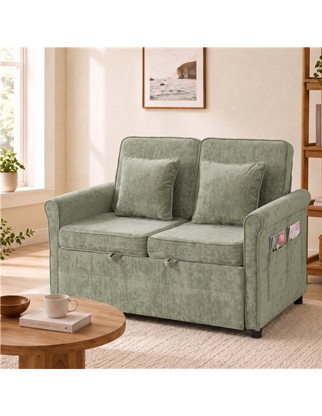 HOMCOM 2 Seater Sofa Bed 3-in-1 Convertible Chenille Pull Out Sleeper Sofa with 5-Position Adjustable Backrest, Light Green - pic 208133 | FastDaddyshop