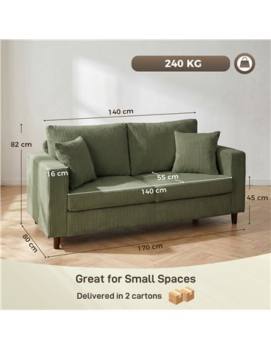 HOMCOM Loveseat Sofa with Wide Seat, Corduroy 2 Seater Couch with Deep Seat, Spring Cushion, Green