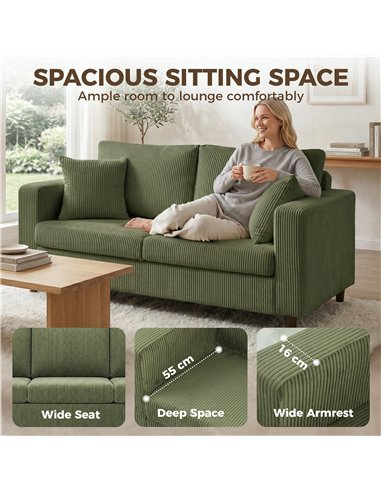 HOMCOM Loveseat Sofa with Wide Seat, Corduroy 2 Seater Couch with Deep Seat, Spring Cushion, Green