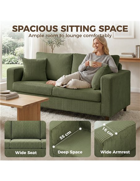 HOMCOM Loveseat Sofa with Wide Seat, Corduroy 2 Seater Couch with Deep Seat, Spring Cushion, Green - pic 208137 | FastDaddyshop