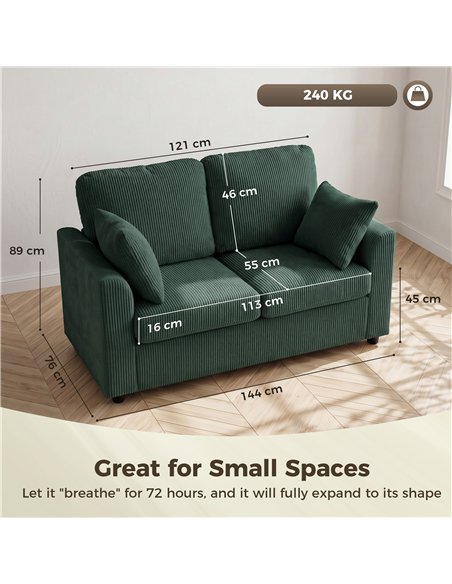 HOMCOM 2 Seater Sofa, Corduroy Small Couch with Spring Cushion, Wide and Deep Seat, Dark Green - pic 208145 | FastDaddyshop