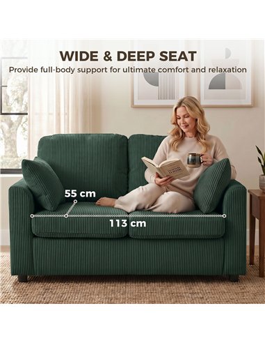 HOMCOM 2 Seater Sofa, Corduroy Small Couch with Spring Cushion, Wide and Deep Seat, Dark Green