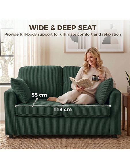HOMCOM 2 Seater Sofa, Corduroy Small Couch with Spring Cushion, Wide and Deep Seat, Dark Green - pic 208147 | FastDaddyshop
