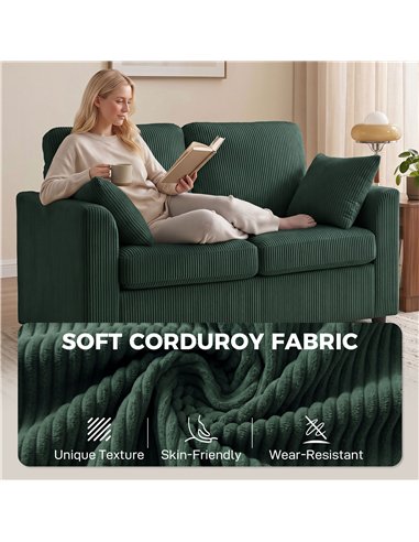 HOMCOM 2 Seater Sofa, Corduroy Small Couch with Spring Cushion, Wide and Deep Seat, Dark Green