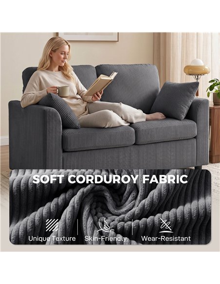 HOMCOM 2 Seater Sofa, Corduroy Small Couch with Spring Cushion, Wide and Deep Seat, Dark Grey - pic 208156 | FastDaddyshop