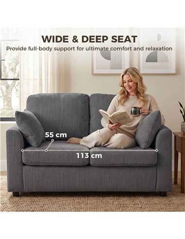 HOMCOM 2 Seater Sofa, Corduroy Small Couch with Spring Cushion, Wide and Deep Seat, Dark Grey