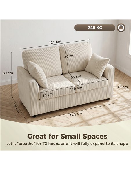 HOMCOM 2 Seater Sofa, Corduroy Small Couch with Spring Cushion, Wide and Deep Seat, Beige - pic 208163 | FastDaddyshop