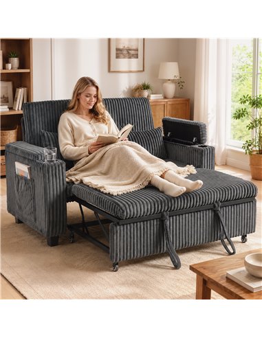HOMCOM 2 Seater Sofa Bed, Pull Out Sleeper Sofa w/ Adjustable Backrest, Storage Armrests, Cup Holders, Side Pockets, Dark Grey