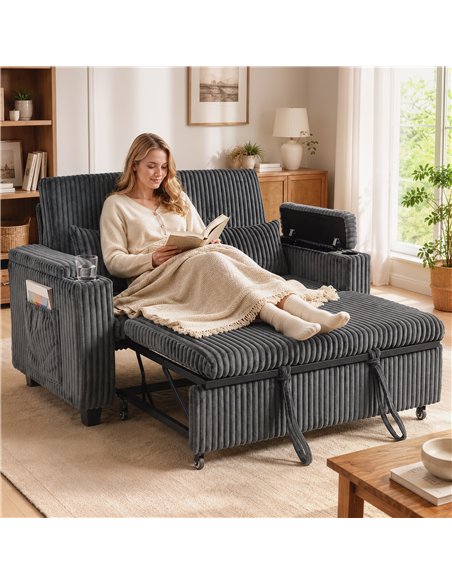 HOMCOM 2 Seater Sofa Bed, Pull Out Sleeper Sofa w/ Adjustable Backrest, Storage Armrests, Cup Holders, Side Pockets, Dark Grey - pic 208171 | FastDaddyshop