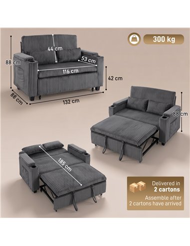 HOMCOM 2 Seater Sofa Bed, Pull Out Sleeper Sofa w/ Adjustable Backrest, Storage Armrests, Cup Holders, Side Pockets, Dark Grey