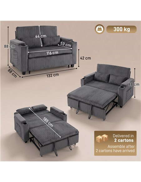 HOMCOM 2 Seater Sofa Bed, Pull Out Sleeper Sofa w/ Adjustable Backrest, Storage Armrests, Cup Holders, Side Pockets, Dark Grey - pic 208172 | FastDaddyshop