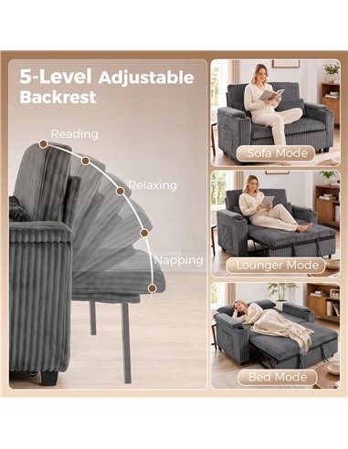 HOMCOM 2 Seater Sofa Bed, Pull Out Sleeper Sofa w/ Adjustable Backrest, Storage Armrests, Cup Holders, Side Pockets, Dark Grey