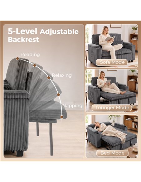 HOMCOM 2 Seater Sofa Bed, Pull Out Sleeper Sofa w/ Adjustable Backrest, Storage Armrests, Cup Holders, Side Pockets, Dark Grey - pic 208174 | FastDaddyshop