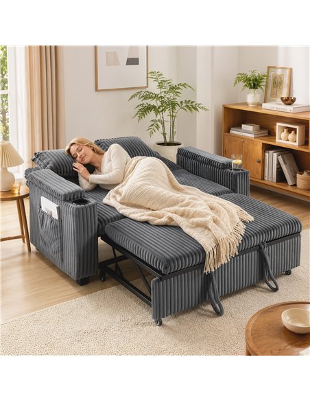 HOMCOM 2 Seater Sofa Bed, Pull Out Sleeper Sofa w/ Adjustable Backrest, Storage Armrests, Cup Holders, Side Pockets, Dark Grey - pic 208177 | FastDaddyshop