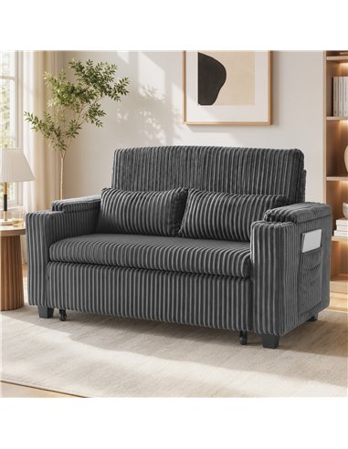 HOMCOM 2 Seater Sofa Bed, Pull Out Sleeper Sofa w/ Adjustable Backrest, Storage Armrests, Cup Holders, Side Pockets, Dark Grey