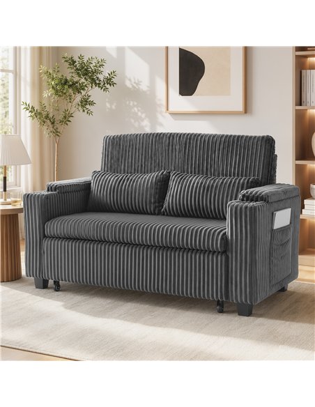 HOMCOM 2 Seater Sofa Bed, Pull Out Sleeper Sofa w/ Adjustable Backrest, Storage Armrests, Cup Holders, Side Pockets, Dark Grey - pic 208178 | FastDaddyshop