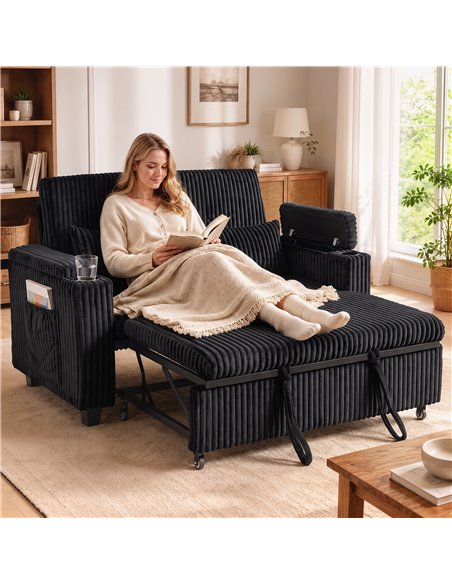 HOMCOM 2 Seater Sofa Bed, Pull Out Sleeper Sofa w/ Adjustable Backrest, Storage Armrests, Cup Holders, Side Pockets, Black - pic 208180 | FastDaddyshop