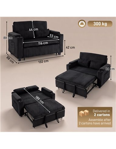 HOMCOM 2 Seater Sofa Bed, Pull Out Sleeper Sofa w/ Adjustable Backrest, Storage Armrests, Cup Holders, Side Pockets, Black
