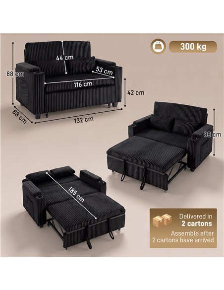 HOMCOM 2 Seater Sofa Bed, Pull Out Sleeper Sofa w/ Adjustable Backrest, Storage Armrests, Cup Holders, Side Pockets, Black - pic 208181 | FastDaddyshop