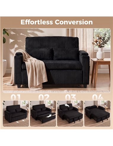 HOMCOM 2 Seater Sofa Bed, Pull Out Sleeper Sofa w/ Adjustable Backrest, Storage Armrests, Cup Holders, Side Pockets, Black
