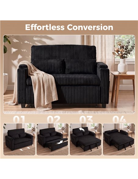 HOMCOM 2 Seater Sofa Bed, Pull Out Sleeper Sofa w/ Adjustable Backrest, Storage Armrests, Cup Holders, Side Pockets, Black - pic 208182 | FastDaddyshop