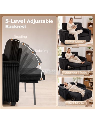HOMCOM 2 Seater Sofa Bed, Pull Out Sleeper Sofa w/ Adjustable Backrest, Storage Armrests, Cup Holders, Side Pockets, Black