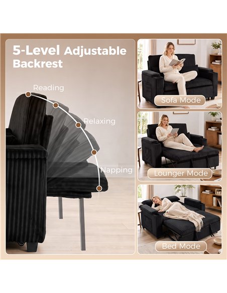 HOMCOM 2 Seater Sofa Bed, Pull Out Sleeper Sofa w/ Adjustable Backrest, Storage Armrests, Cup Holders, Side Pockets, Black - pic 208183 | FastDaddyshop