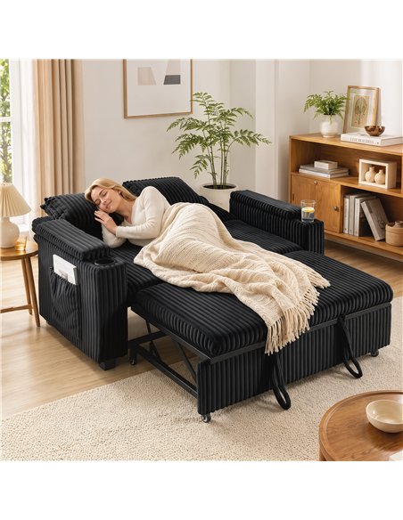 HOMCOM 2 Seater Sofa Bed, Pull Out Sleeper Sofa w/ Adjustable Backrest, Storage Armrests, Cup Holders, Side Pockets, Black - pic 208186 | FastDaddyshop