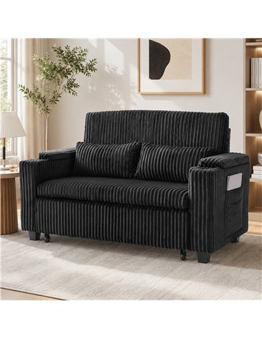 HOMCOM 2 Seater Sofa Bed, Pull Out Sleeper Sofa w/ Adjustable Backrest, Storage Armrests, Cup Holders, Side Pockets, Black