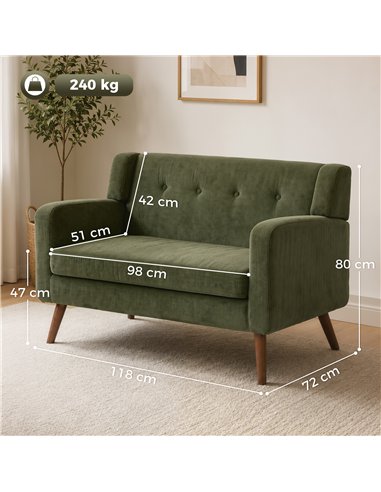 HOMCOM 2 Seater Sofa, 118 cm Corduroy Small Loveseat with Spring Cushion, Wood Legs for Small Space, Living Room, Dark Green