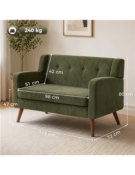 HOMCOM 2 Seater Sofa, 118 cm Corduroy Small Loveseat with Spring Cushion, Wood Legs for Small Space, Living Room, Dark Green - pic 208190 | FastDaddyshop