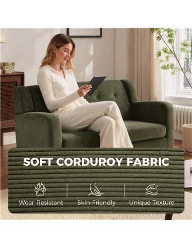 HOMCOM 2 Seater Sofa, 118 cm Corduroy Small Loveseat with Spring Cushion, Wood Legs for Small Space, Living Room, Dark Green