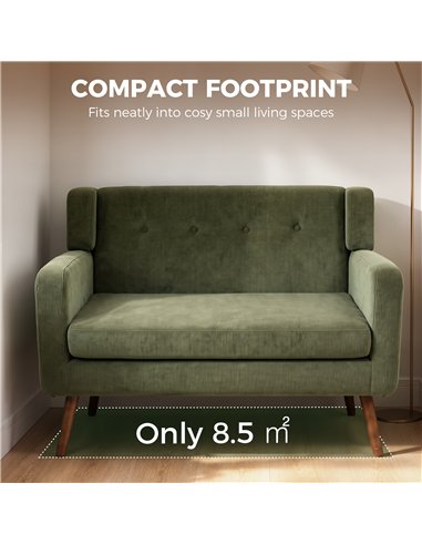 HOMCOM 2 Seater Sofa, 118 cm Corduroy Small Loveseat with Spring Cushion, Wood Legs for Small Space, Living Room, Dark Green