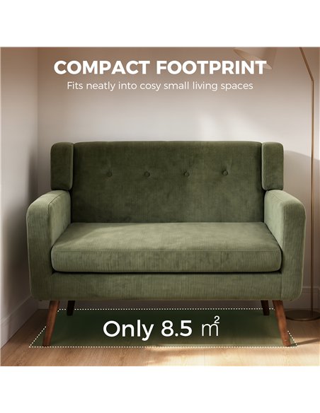 HOMCOM 2 Seater Sofa, 118 cm Corduroy Small Loveseat with Spring Cushion, Wood Legs for Small Space, Living Room, Dark Green - pic 208193 | FastDaddyshop