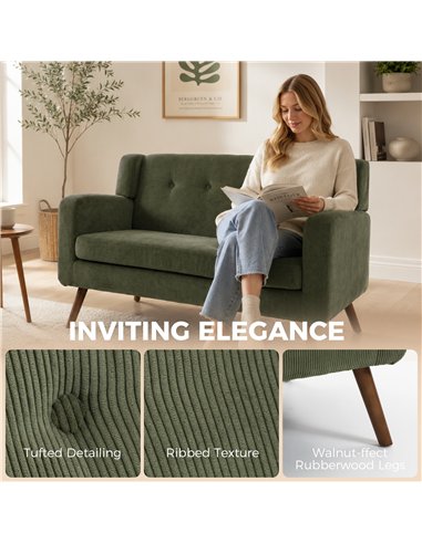 HOMCOM 2 Seater Sofa, 118 cm Corduroy Small Loveseat with Spring Cushion, Wood Legs for Small Space, Living Room, Dark Green