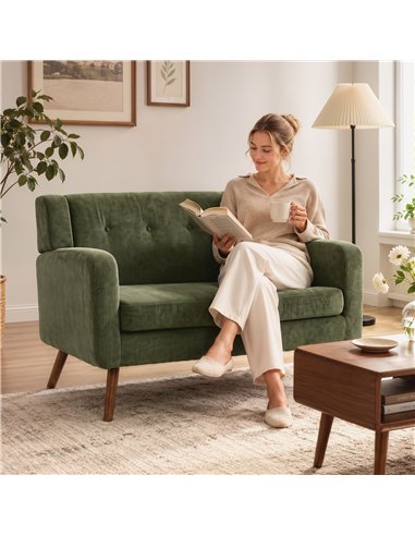 HOMCOM 2 Seater Sofa, 118 cm Corduroy Small Loveseat with Spring Cushion, Wood Legs for Small Space, Living Room, Dark Green