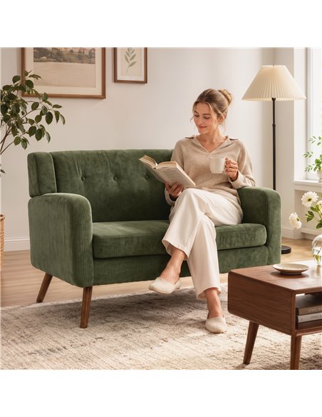 HOMCOM 2 Seater Sofa, 118 cm Corduroy Small Loveseat with Spring Cushion, Wood Legs for Small Space, Living Room, Dark Green - pic 208196 | FastDaddyshop