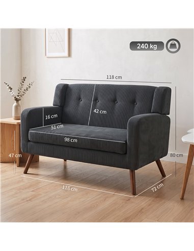 HOMCOM 2 Seater Sofa, 118 cm Corduroy Small Loveseat with Spring Cushion, Wood Legs for Small Space, Living Room, Dark Grey
