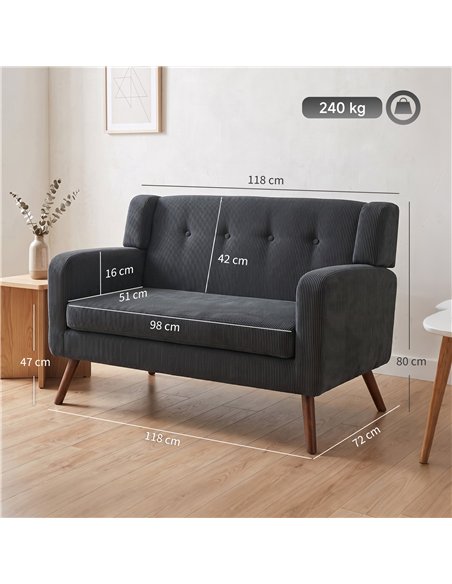 HOMCOM 2 Seater Sofa, 118 cm Corduroy Small Loveseat with Spring Cushion, Wood Legs for Small Space, Living Room, Dark Grey - pic 208199 | FastDaddyshop