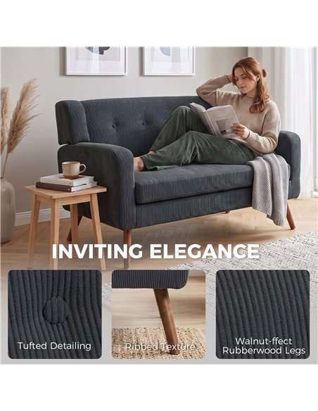HOMCOM 2 Seater Sofa, 118 cm Corduroy Small Loveseat with Spring Cushion, Wood Legs for Small Space, Living Room, Dark Grey - pic 208203 | FastDaddyshop