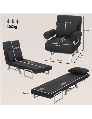 HOMCOM Single Sofa Bed, 3-in-1 Convertible Folding Chair Bed with Adjustable Backrest, Removable Armrests, Black