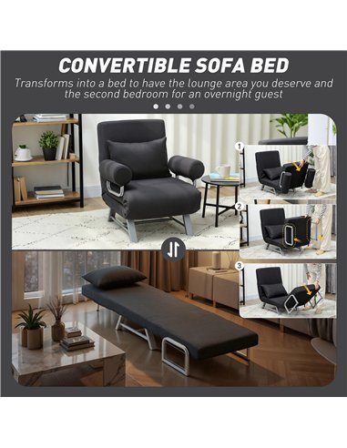 HOMCOM Single Sofa Bed, 3-in-1 Convertible Folding Chair Bed with Adjustable Backrest, Removable Armrests, Black